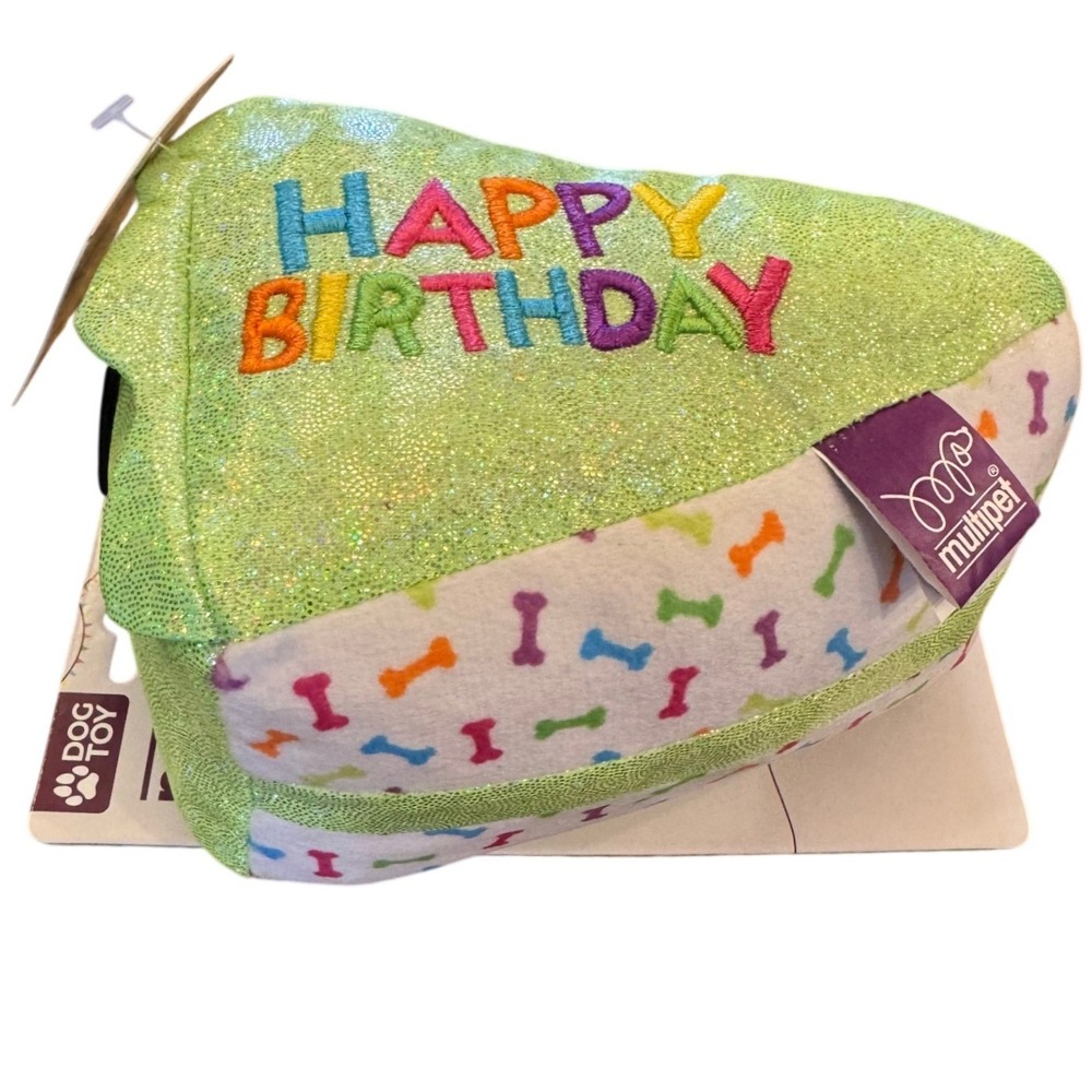 Multipet Birthday Cake Slice Dog Toy Green Plush Squeaker Crinkle 48708 NEW